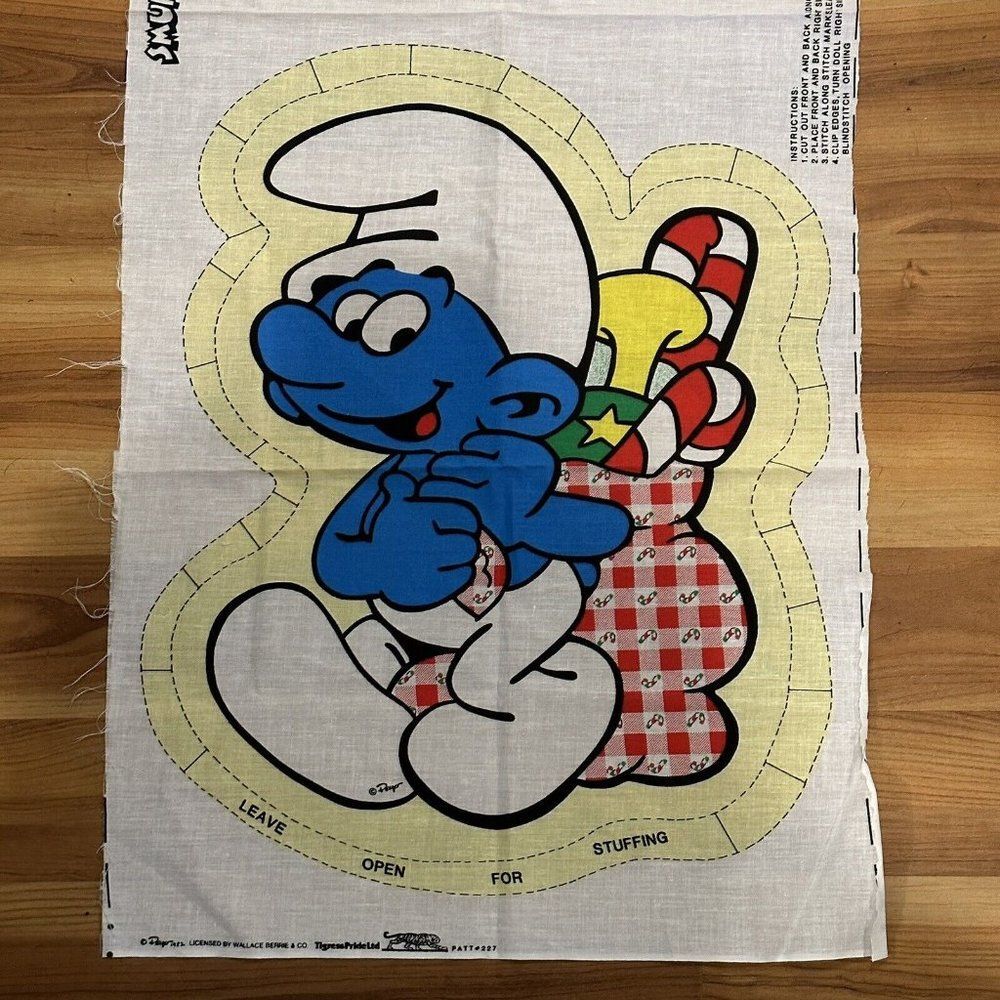 Vintage NWT Smurf Cut & Sew Pillow Fabric 1982 Wallace Berrie Panel Christmas